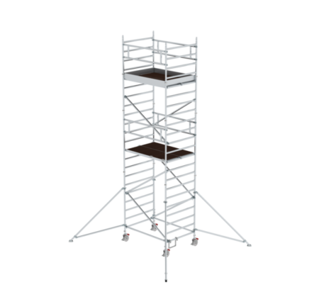 Leichtes Aluminiumgerüst mit stabiler Plattform und Sicherheitsgeländern, ideal für Renovierungs- und Bauarbeiten in verschiedenen Höhen.