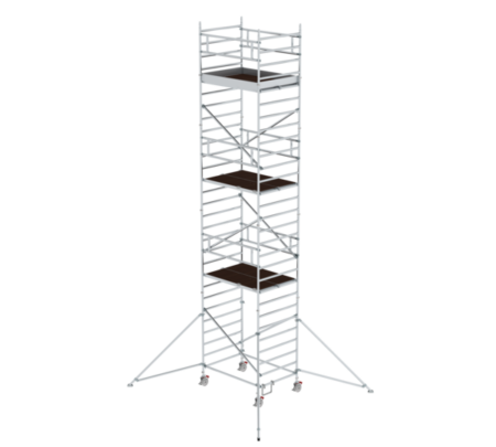 Hochwertige mobile Gerüsttreppe aus Aluminium, ideal für Bau- und Renovierungsarbeiten, mit stabilen Plattformen und sicheren Geländern für einfache Höhenarbeit.