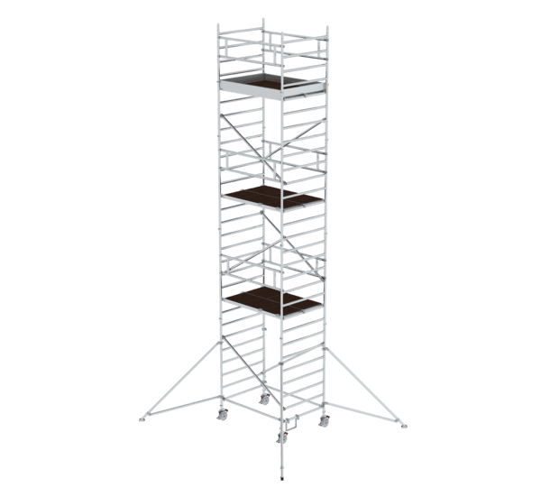 Hochwertige mobile Gerüsttreppe aus Aluminium, ideal für Bau- und Renovierungsarbeiten, mit stabilen Plattformen und sicheren Geländern für einfache Höhenarbeit.