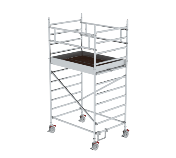 Leichtes Aluminiumgerüst mit Rollen, ideal für Bau- und Renovierungsarbeiten, bietet sichere Plattformen in verschiedenen Höhen.