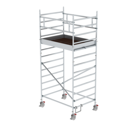 Hochwertiges Aluminiumgerüst mit Rollen, ideal für Bau- und Renovierungsarbeiten, bietet sichere Arbeitsplattformen und flexible Einsatzmöglichkeiten auf Baustellen.