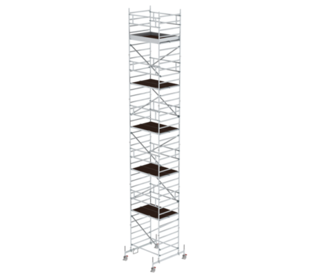 Robustes, mobiles Rollgerüst aus Aluminium mit mehreren Plattformen, ideal für Arbeiten in der Höhe bei Bau, Renovierung und Wartung. Leicht, stabil und einfach zu transportieren.