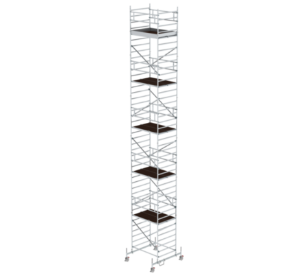 Robustes, mobiles Rollgerüst aus Aluminium mit mehreren Plattformen, ideal für Bauarbeiten, Renovierungen und Wartungsarbeiten in verschiedenen Höhen. Leicht, stabil und einfach zu transportieren.