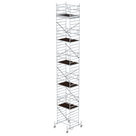 Robustes, mobiles Rollgerüst aus Aluminium mit mehreren Plattformen, ideal für Bauarbeiten, Renovierungen und Wartungsarbeiten in verschiedenen Höhen. Leicht, stabil und einfach zu transportieren.