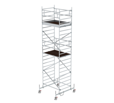 Hochwertiger Baugerüstturm aus Aluminium mit stabilen Plattformen, ideal für Renovierungen und Arbeiten in der Höhe. Leicht zu transportieren und einfach aufzubauen.