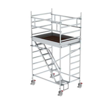 Hochwertiges Rollgerüst für Bauarbeiten, leicht beweglich und stabil, ideal für Arbeiten in der Höhe. Perfekt für professionelle Handwerker und Heimwerker.