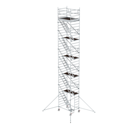 Hochwertiger Baugerüstturm aus Aluminium, ideal für Arbeiten in der Höhe, stabil und leicht zu transportieren. Perfekt für professionelle Bau- und Renovierungsprojekte.