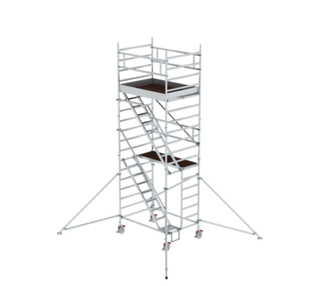 Hochwertige Baustellenleiter mit stabiler Gerüsttreppe, ideal für Arbeiten in der Höhe. Robustes Aluminiumgerüst mit Sicherheitsgeländern und stabilen Stufen, perfekt für professionelle Bau- und Renov.