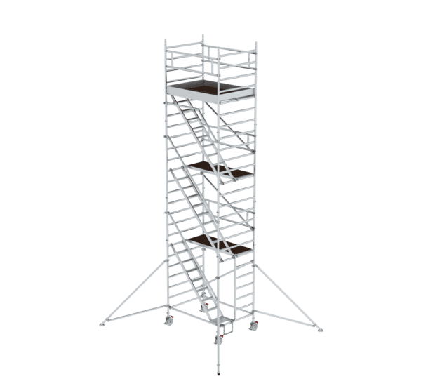 Hochwertiges mobiles Gerüst aus Aluminium, ideal für Bau- und Renovierungsarbeiten, mit stabilen Plattformen und sicheren Geländern für maximale Sicherheit und Flexibilität.