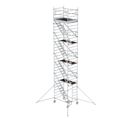 Hochwertiger Baugerüstturm aus Aluminium, ideal für Arbeiten in der Höhe, stabil und leicht zu transportieren. Perfekt für Renovierungen, Fassadenarbeiten und Bauprojekte.