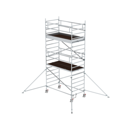 Hochwertiges Baugerüst aus Aluminium mit stabilen Plattformen und Sicherheitsgeländern, ideal für Renovierungs- und Bauarbeiten.
