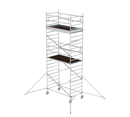 Mobile Gerüsttreppe aus Aluminium mit rutschfesten Plattformen, ideal für Bau- und Renovierungsarbeiten, einfache Handhabung, stabile Konstruktion, auf Rollen für flexible Einsatzmöglichkeiten.