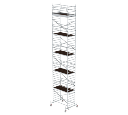 Robustes, leichtes Rollgerüst aus Aluminium mit mehreren Plattformen, ideal für Arbeiten in der Höhe bei Bau, Renovierung und Wartung. Flexibel, stabil und mobil.
