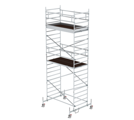 Hochwertiges, stabiles Rollgerüst aus Aluminium mit drei Plattformen, ideal für Bauarbeiten, Renovierungen und Wartungsarbeiten im Innen- und Außenbereich.