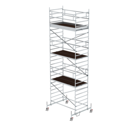 Mobile Gerüsttreppe mit Rollen, ideal für Arbeiten in der Höhe, aus robustem Metall mit mehreren Plattformen, leicht beweglich für flexible Einsatzmöglichkeiten.