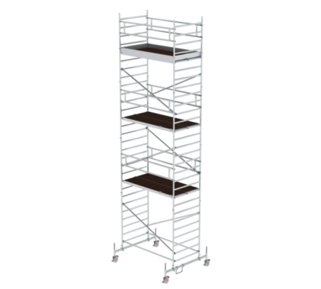 Leichtes Aluminiumgerüst mit mehreren Plattformen und Rollen, ideal für Bau- und Renovierungsarbeiten. Robuste Konstruktion, einfache Handhabung, flexible Einsatzmöglichkeiten.