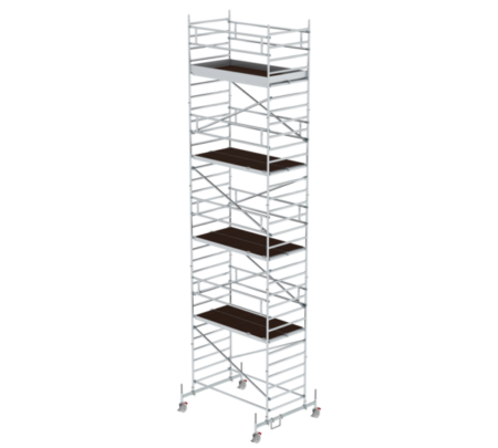 Hochwertiger Baugerüstturm aus Aluminium mit mehreren Plattformen, ideal für professionelle Bau- und Renovierungsarbeiten. Leicht, stabil und einfach zu transportieren.