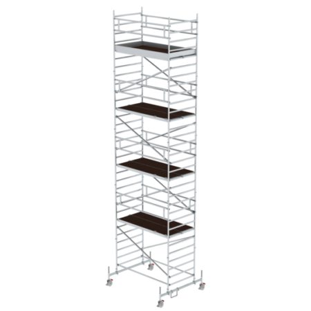 Hochwertiger Baugerüstturm aus Aluminium mit mehreren Plattformen, ideal für professionelle Bau- und Renovierungsarbeiten. Leicht, stabil und einfach zu transportieren.