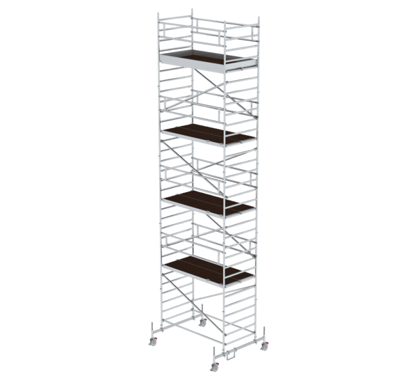 Hochwertiger Baugerüstturm aus Aluminium mit mehreren Plattformen, ideal für professionelle Bau- und Renovierungsarbeiten. Leicht, stabil und einfach zu transportieren.