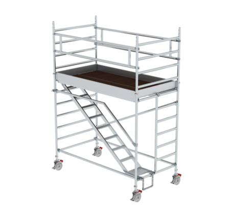 Leichtes Aluminiumgerüst mit Rollen, ideal für Bau- und Renovierungsarbeiten, bietet stabile Plattformen und flexible Einsatzmöglichkeiten für Handwerker und Heimwerker.