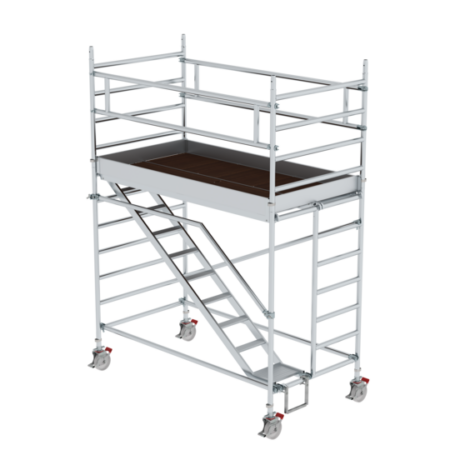 Leichtes Aluminiumgerüst mit Rollen, ideal für Bau- und Renovierungsarbeiten, bietet stabile Plattformen und flexible Einsatzmöglichkeiten für Handwerker und Heimwerker.