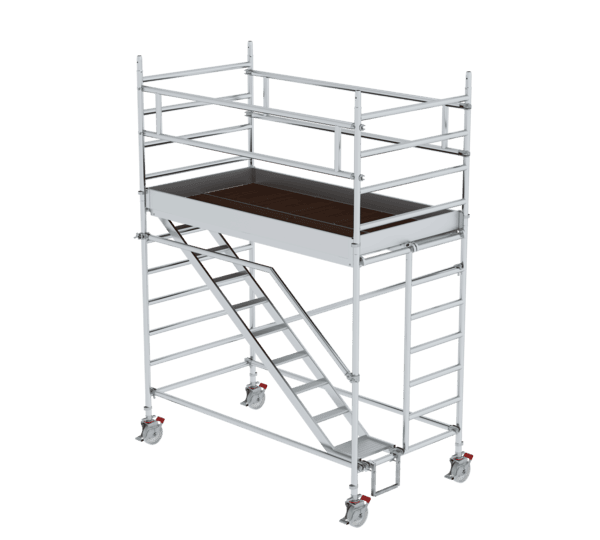 Leichtes Aluminiumgerüst mit Rollen, ideal für Bau- und Renovierungsarbeiten, bietet stabile Plattformen und flexible Einsatzmöglichkeiten für Handwerker und Heimwerker.