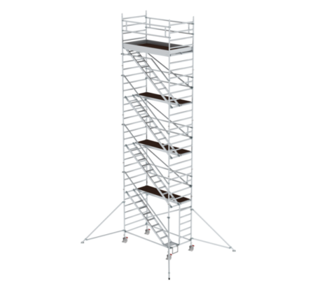 Aluminium Rollgerüst mit stabilen Leitern und Plattformen, ideal für Renovierungen und Fassadenarbeiten. Leicht, sicher und flexibel einsetzbar für professionelle Bau- und Wartungsarbeiten.