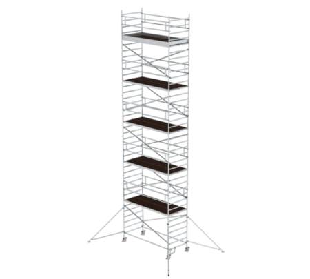 Hochwertiger Baugerüstturm aus Aluminium, ideal für professionelle Bau- und Renovierungsarbeiten, mit stabilen Plattformen und sicheren Geländern.