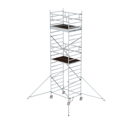 Hochwertige mobile Gerüsttreppe für sichere Arbeiten in der Höhe, ideal für Baustellen, Renovierungen und Wartungsarbeiten. Robustes Aluminiumgerüst mit stabilen Plattformen und Rollen.