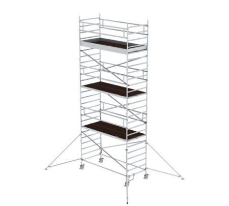 Mobile Gerüst mit Rollen, Plattformen und Sicherheitsgeländern, ideal für Bau- und Renovierungsarbeiten. Robustes Aluminiumgerüst für flexible Einsatzmöglichkeiten.