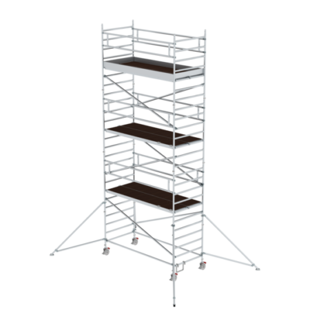Mobile Gerüst mit Rollen, Plattformen und Sicherheitsgeländern, ideal für Bau- und Renovierungsarbeiten. Robustes Aluminiumgerüst für flexible Einsatzmöglichkeiten.