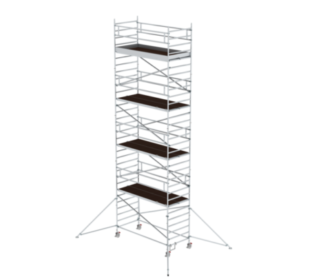 Mobile Gerüsttreppe mit mehreren Plattformen, ideal für Bau- und Renovierungsarbeiten, bietet sicheren Zugang in verschiedenen Höhen.