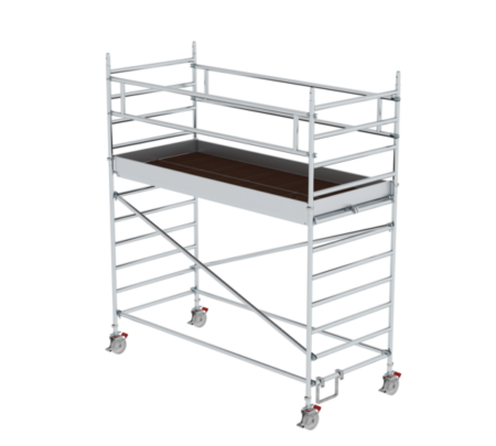 Robuster Gerüstwagen mit Plattform und Sicherheitsgeländern, ideal für Bau- und Renovierungsarbeiten. Leicht beweglich durch Rollen, bietet stabile Arbeitsfläche und sichere Handhabung.