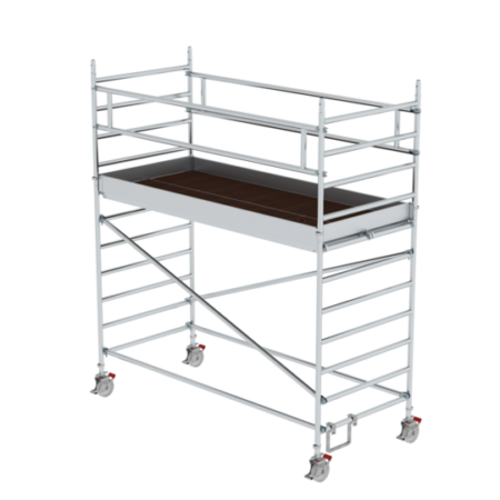 Robuster Gerüstwagen mit Plattform und Sicherheitsgeländern, ideal für Bau- und Renovierungsarbeiten. Leicht beweglich durch Rollen, bietet stabile Arbeitsfläche und sichere Handhabung.