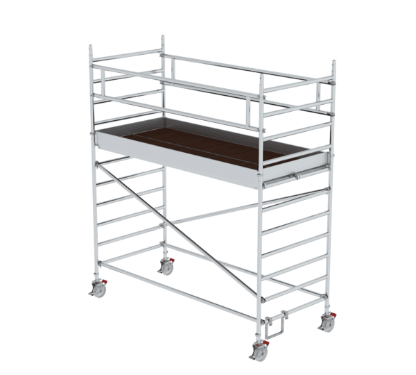 Robuster Gerüstwagen mit Plattform und Sicherheitsgeländern, ideal für Bau- und Renovierungsarbeiten. Leicht beweglich durch Rollen, bietet stabile Arbeitsfläche und sichere Handhabung.
