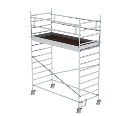 Hochwertiges Gerüst mit Rollen, Arbeitsplattform und Sicherheitsgeländern, ideal für Bau- und Renovierungsarbeiten. Leicht beweglich und stabil für professionelle Anwendungen.