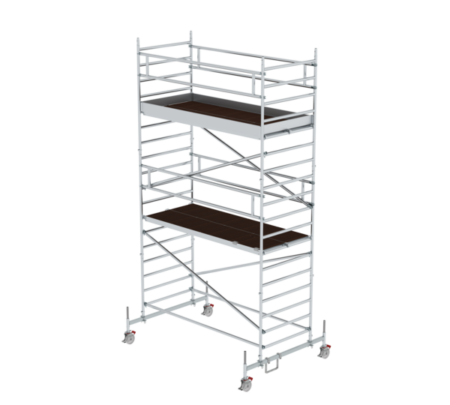 Hochwertiges Aluminiumgerüst mit vier Plattformen, ideal für Bau- und Renovierungsarbeiten, leicht zu transportieren und stabil für sichere Nutzung auf Baustellen.