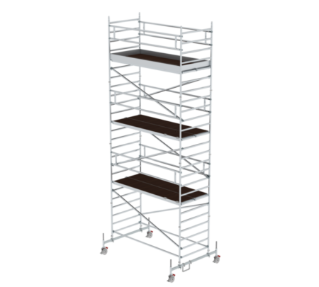 Leichte Aluminiumgerüsttreppe mit mehreren Plattformen, ideal für Bau- und Wartungsarbeiten, flexible Einsatzmöglichkeiten, stabile Konstruktion, mobil auf Rollen.