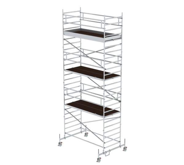 Leichte Aluminiumgerüsttreppe mit mehreren Plattformen, ideal für Bau- und Wartungsarbeiten, flexible Einsatzmöglichkeiten, stabile Konstruktion, mobil auf Rollen.