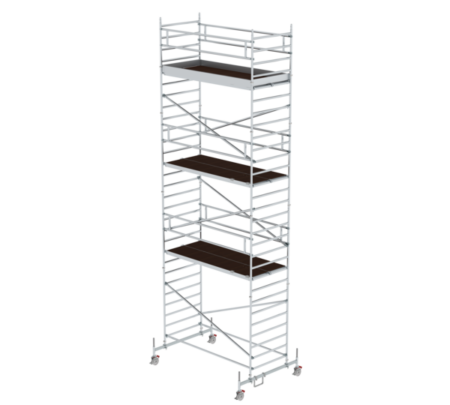 Mobile Gerüstwagen mit mehreren Holzplattformen, ideal für Bau- und Renovierungsarbeiten, leicht zu bewegen und stabil für sichere Arbeitshöhen.