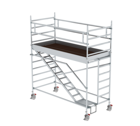 Robustes Rollgerüst aus Aluminium mit Sicherheitsgeländern, ideal für professionelle Bau- und Renovierungsarbeiten, einfache Mobilität durch Rollen, stabile Plattform für sichere Arbeitshöhe.