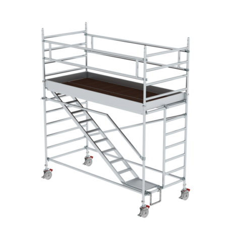 Robustes Rollgerüst aus Aluminium mit Sicherheitsgeländern, ideal für professionelle Bau- und Renovierungsarbeiten, einfache Mobilität durch Rollen, stabile Plattform für sichere Arbeitshöhe.