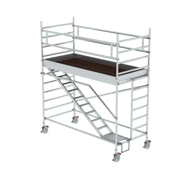 Robustes Rollgerüst aus Aluminium mit Sicherheitsgeländern, ideal für professionelle Bau- und Renovierungsarbeiten, einfache Mobilität durch Rollen, stabile Plattform für sichere Arbeitshöhe.
