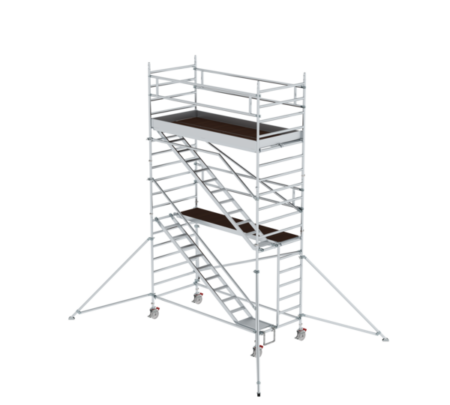 Mobile Gerüstkonstruktion mit stabilen Leitern und Plattformen, ideal für Bau- und Renovierungsarbeiten.