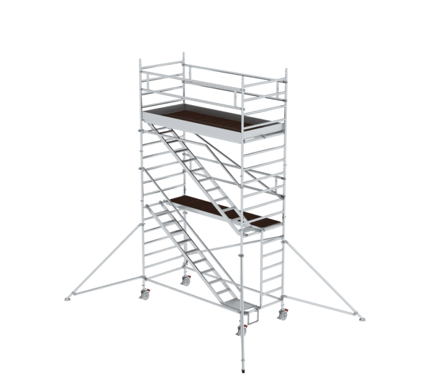 Mobile Gerüstkonstruktion mit stabilen Leitern und Plattformen, ideal für Bau- und Renovierungsarbeiten.