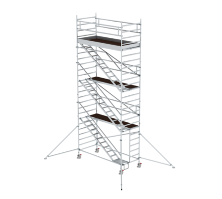 Hochwertige mobile Gerüsttreppe aus Aluminium, ideal für Baustellen, Renovierungen und Wartungsarbeiten in der Höhe. Sicher, stabil und leicht zu transportieren.
