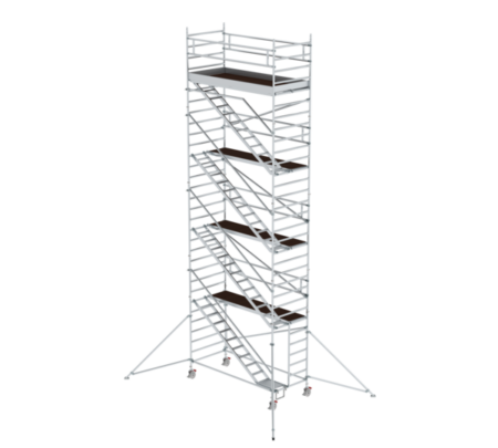 Hochwertiges Baustellen-Gerüst mit integrierter Treppe, ideal für sichere Arbeiten in der Höhe, leicht auf- und abzubauen, robust und stabil für professionelle Nutzung.