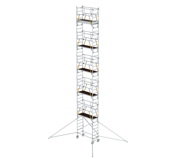 Hochstativ für Gerüstbau, stabiler Gerüstturm mit verstellbaren Füßen, ideal für Bau- und Renovierungsarbeiten in der Höhe.