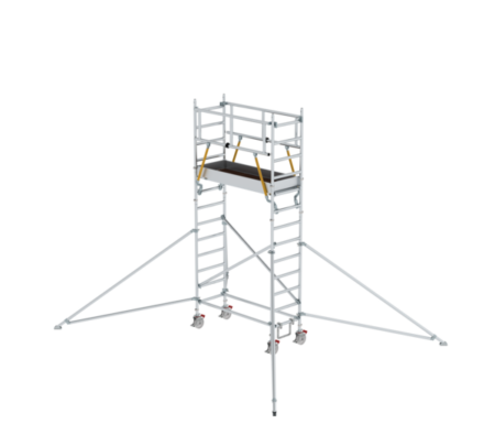 Gerüst aus Aluminium mit Sicherheitsgeländer und Stützstreben, ideal für Bau- und Renovierungsarbeiten in der Höhe. Leicht, stabil und einfach zu transportieren.