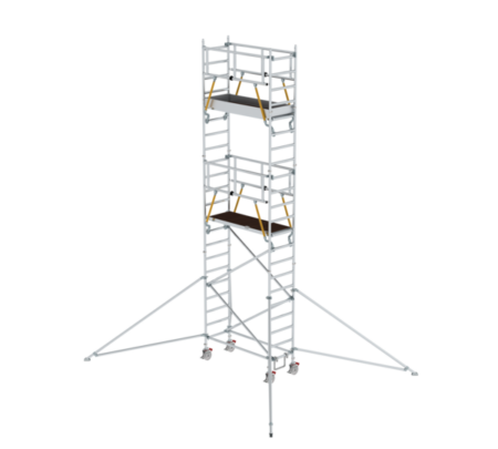 Mobile Gerüsttreppe aus Aluminium, ideal für Bau- und Renovierungsarbeiten, bietet sichere Plattformen und stabile Konstruktion für den professionellen Einsatz.